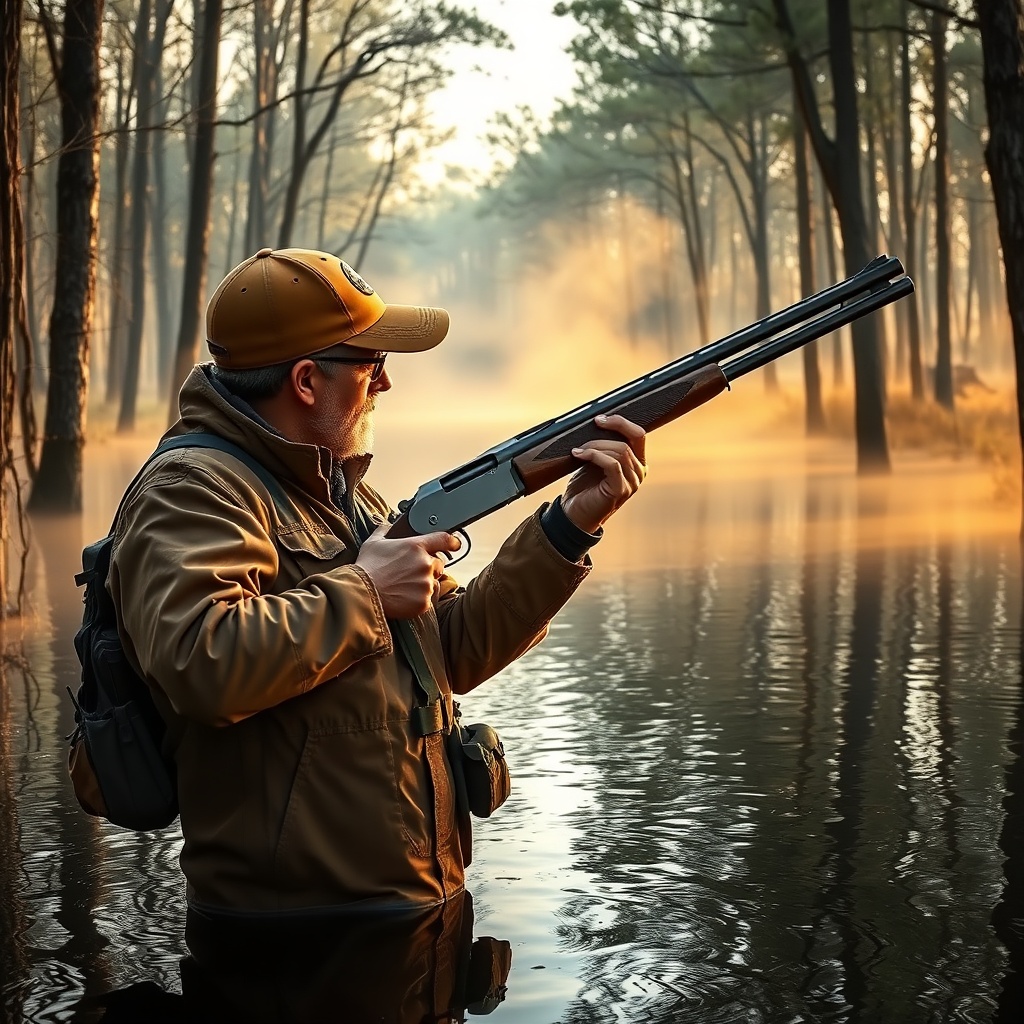 <clean photorealistic photo/illustration of a hunter holding a Benelli SBE3 with 21-inch b