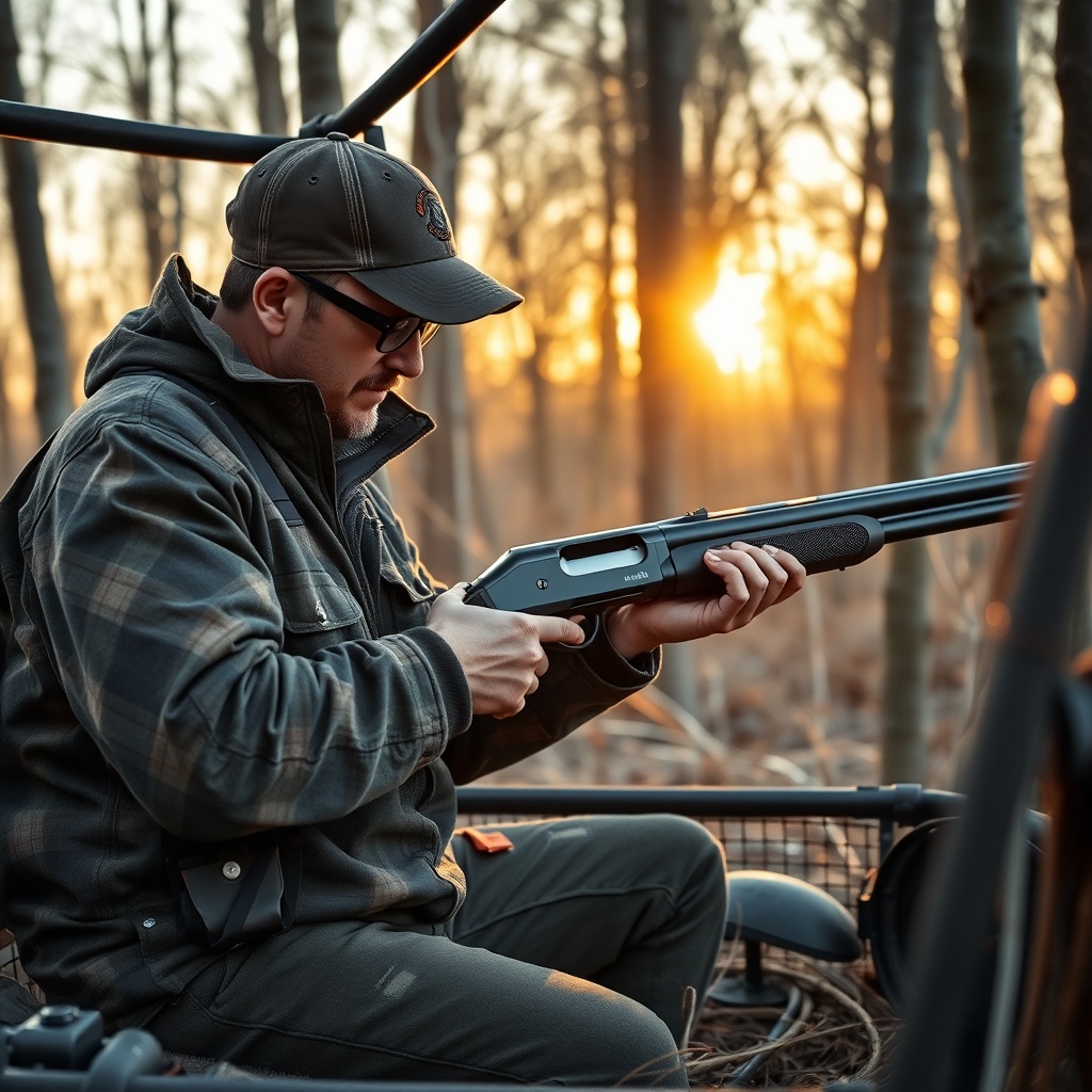 <clean photorealistic photo/illustration of a hunter cleaning a Benelli SBE3 21-inch barre