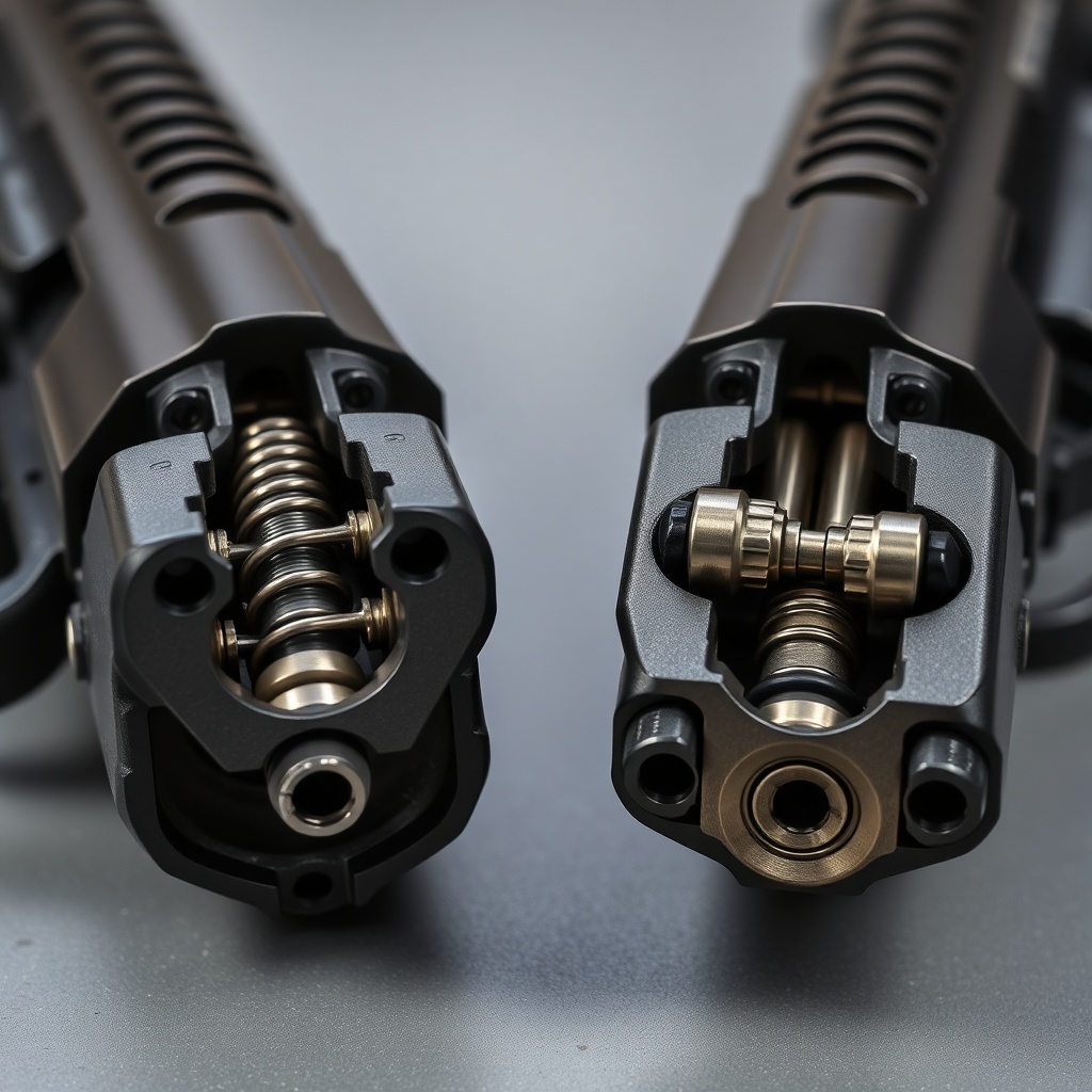 A close-up side-by-side of the bolt carrier groups from a Benelli SBE3 (inertia-driven) an