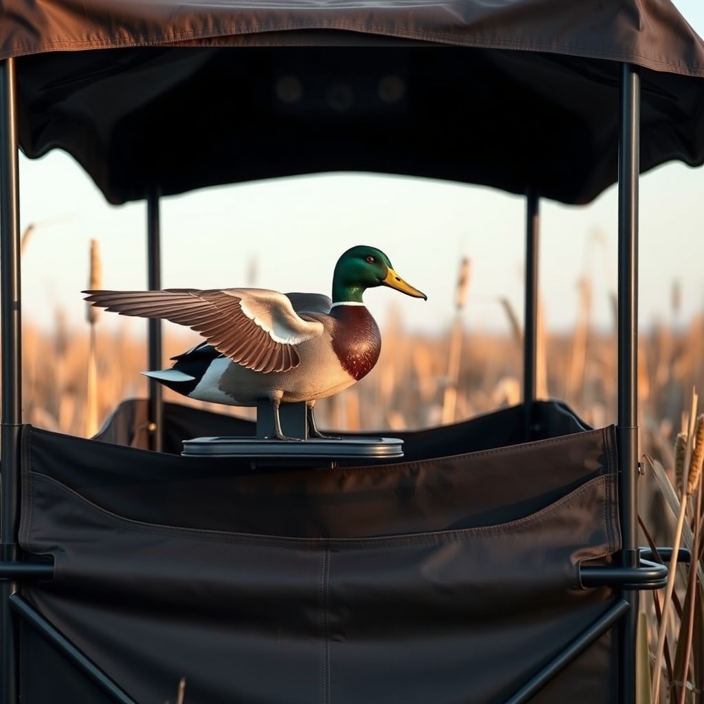 A realistic photo of a Duck Commander 7500 decoy mounted on a small platform attached to t