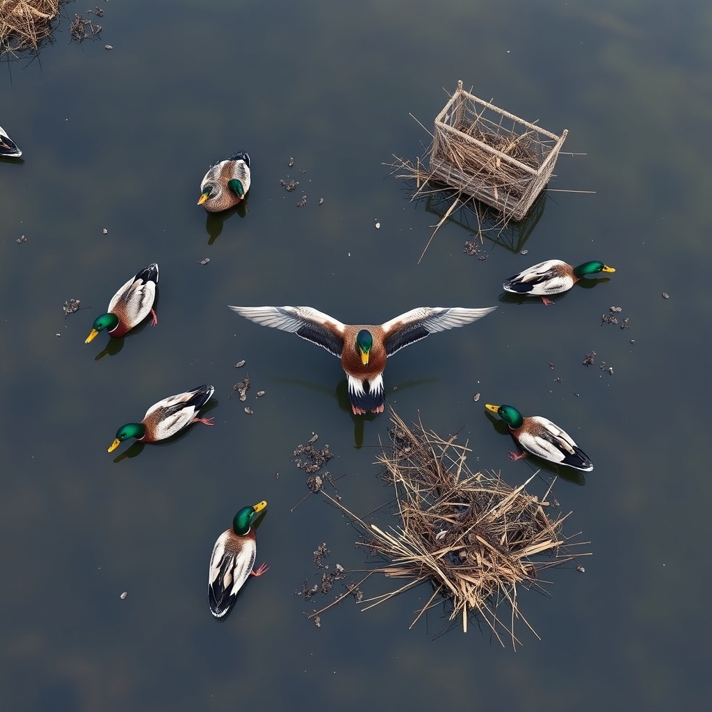 A photorealistic overhead view of a marsh spread on a bright