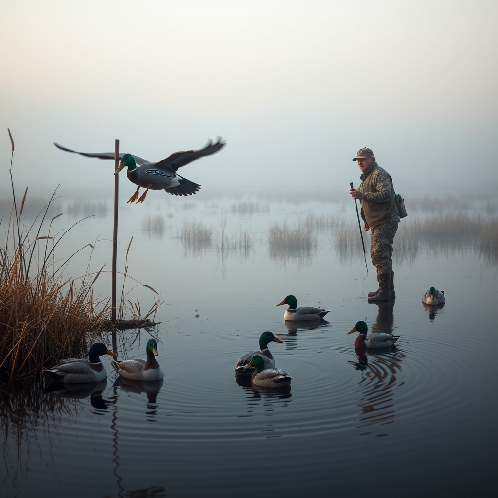 A photorealistic scene of a marsh spread at dawn featuring a Duck Commander 7500 on a low