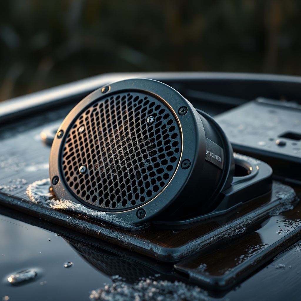 A photorealistic close-up shot of the Duck Commander 7500 speaker grille sitting on a wet