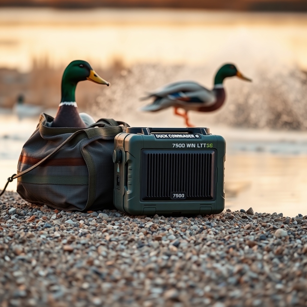 A photorealistic shot of the Duck Commander 7500 unit sitting on a dry gravel bar next to