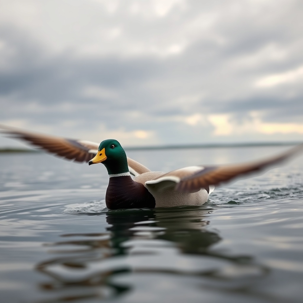 A close-up shot of a Duck Commander 7500 decoy spinning under a cloudy sky