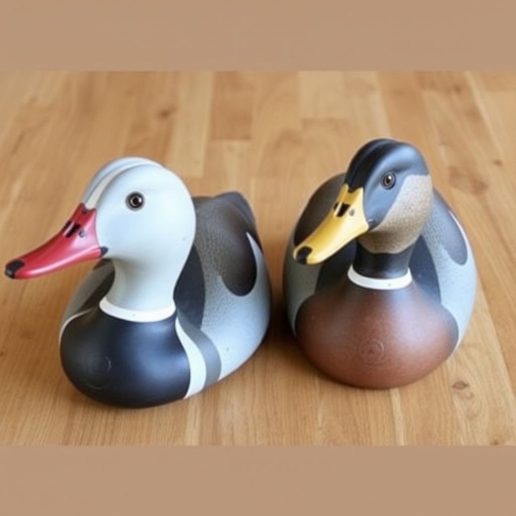 A side-by-side shot of a Duck Commander 7500 decoy head on the left and a Mojo Elite Serie