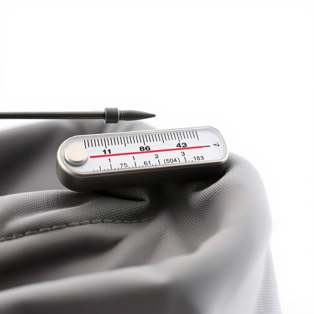 A photorealistic close-up photograph of a heavy gauge wire barb pressing into the grey fab