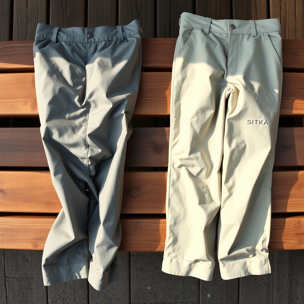 A photorealistic top-down photograph of two Sitka Delta Waders laid flat on a wooden bench