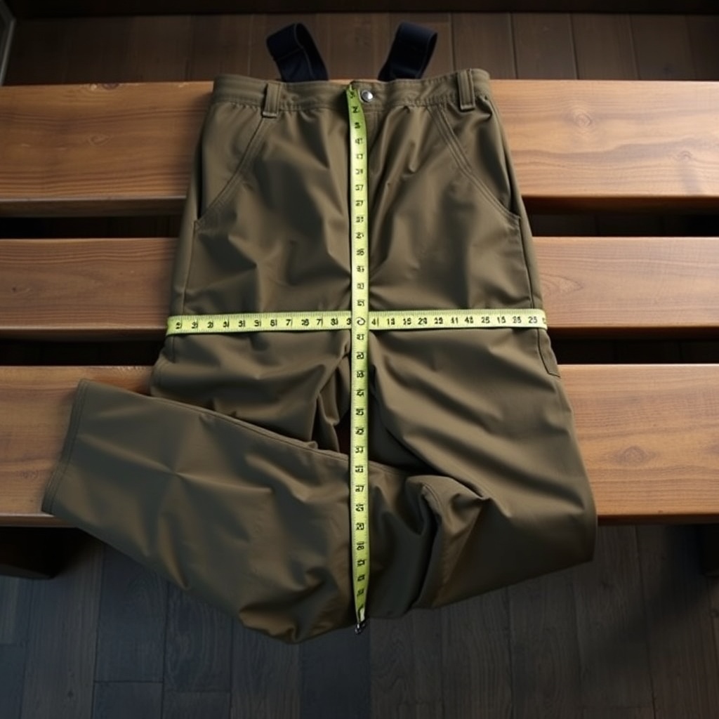 A clean photorealistic photo of a pair of Sitka Delta Waders laid flat on a wooden bench w
