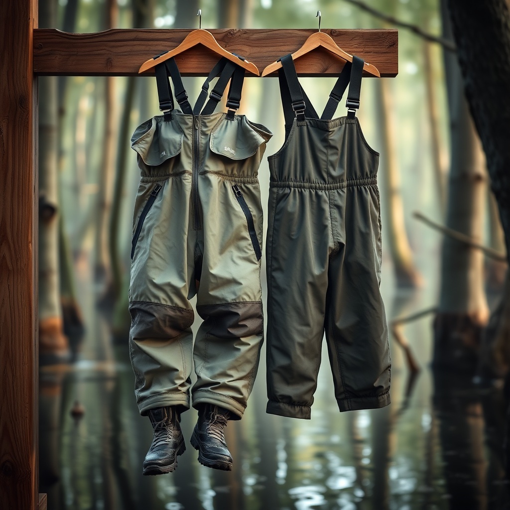 A pair of Sitka Delta Waders hanging next to a pair of LaCrosse Aerolite waders on a woode