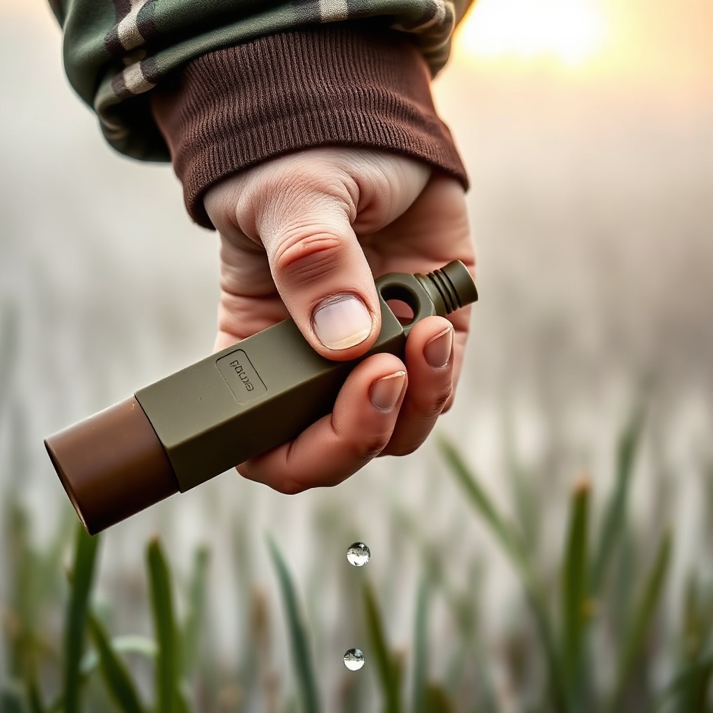 A clean photorealistic photo of a duck hunter holding the Wildfowl Geek Advance Teal Whist