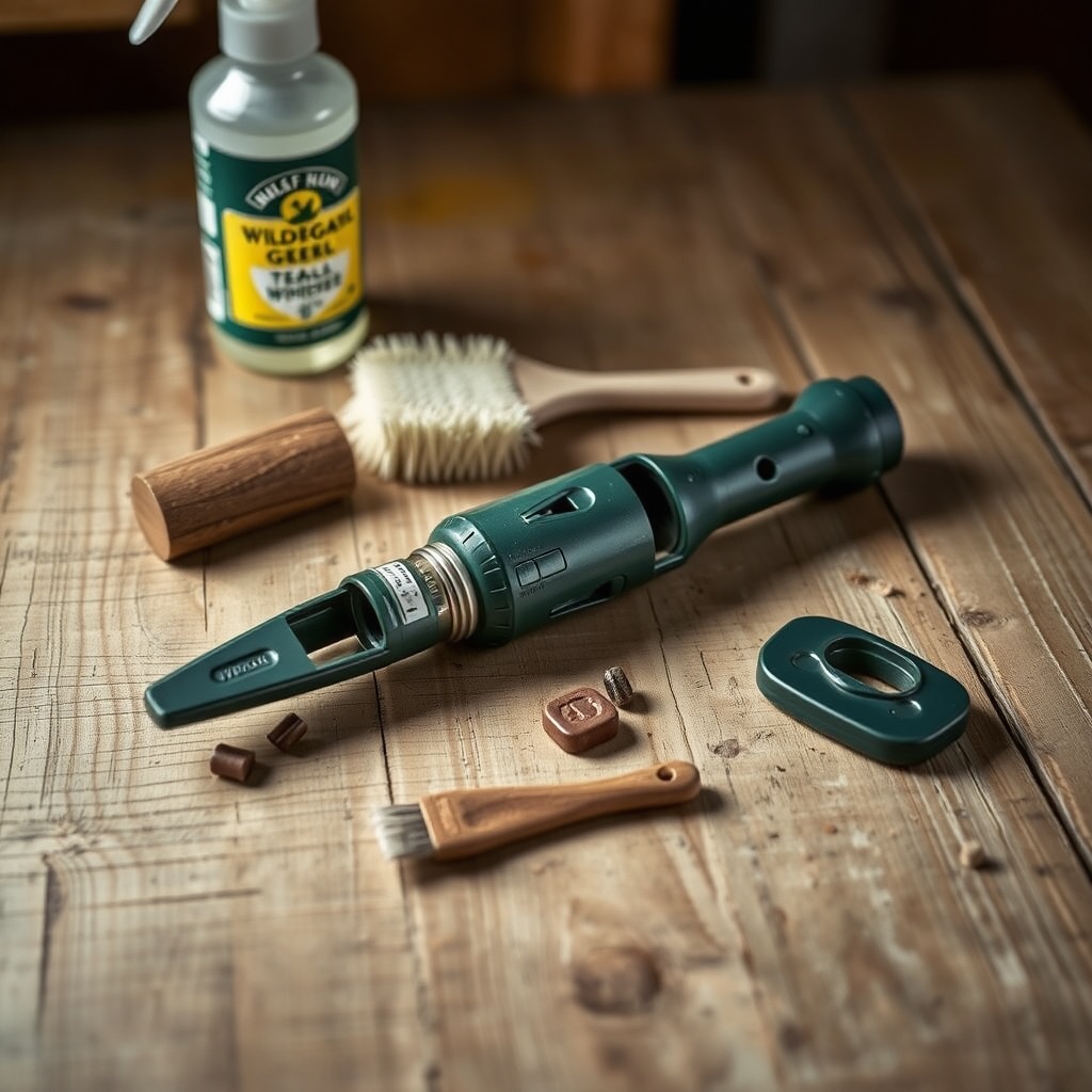 A photorealistic photo of a disassembled Wildfowl Geek Advance Teal Whistle laid out on a