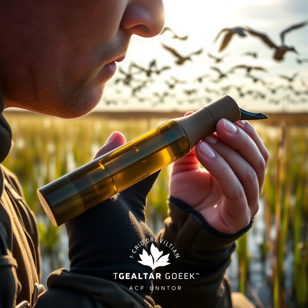 <Photorealistic image of a hunter in a marsh