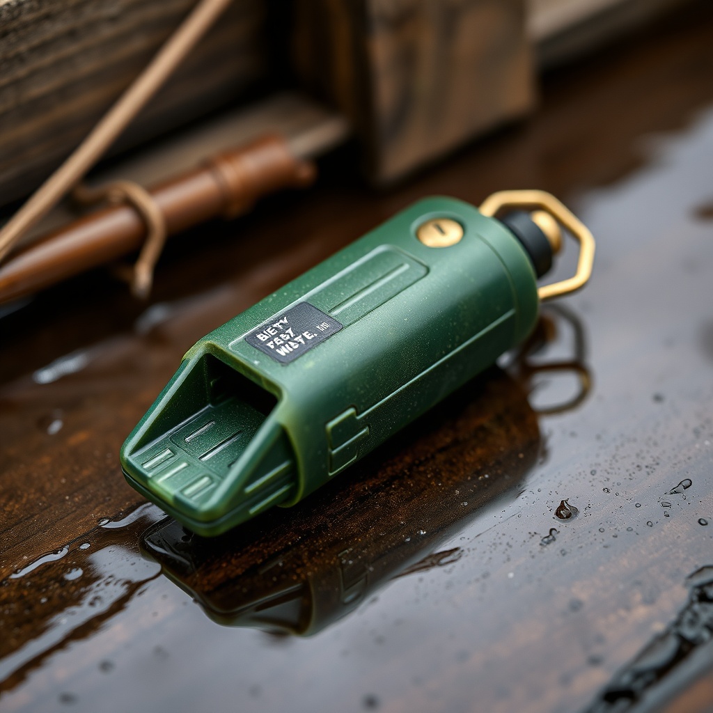 High-angle macro shot of the Wildfowl Geek Advance Teal Whistle body on a wet wooden duck