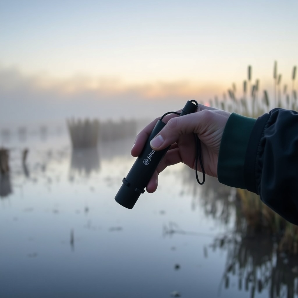 A wildfowler's hand holding the Wildfowl Geek Advance Teal Whistle against a misty dawn sk