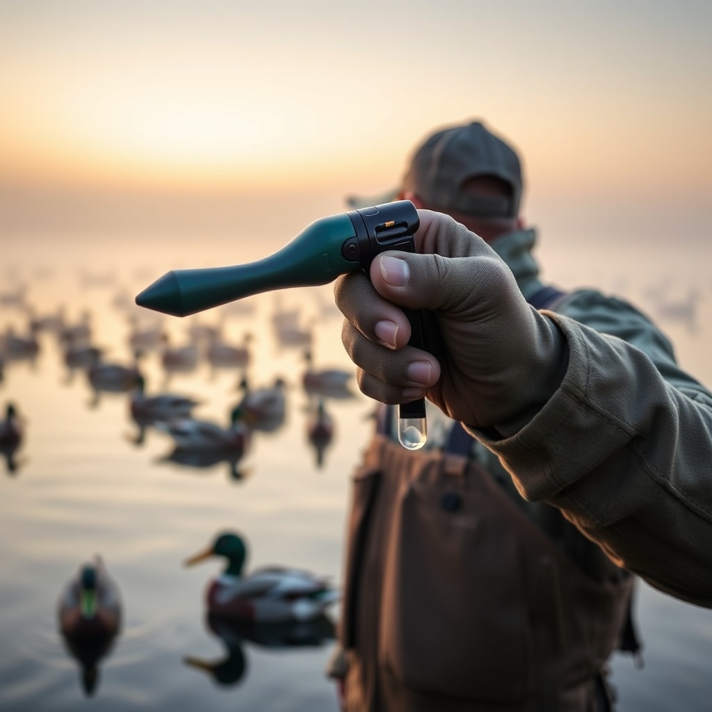 A clean photorealistic photo of a hunter in chest waders holding a Wildfowl Geek Advance T