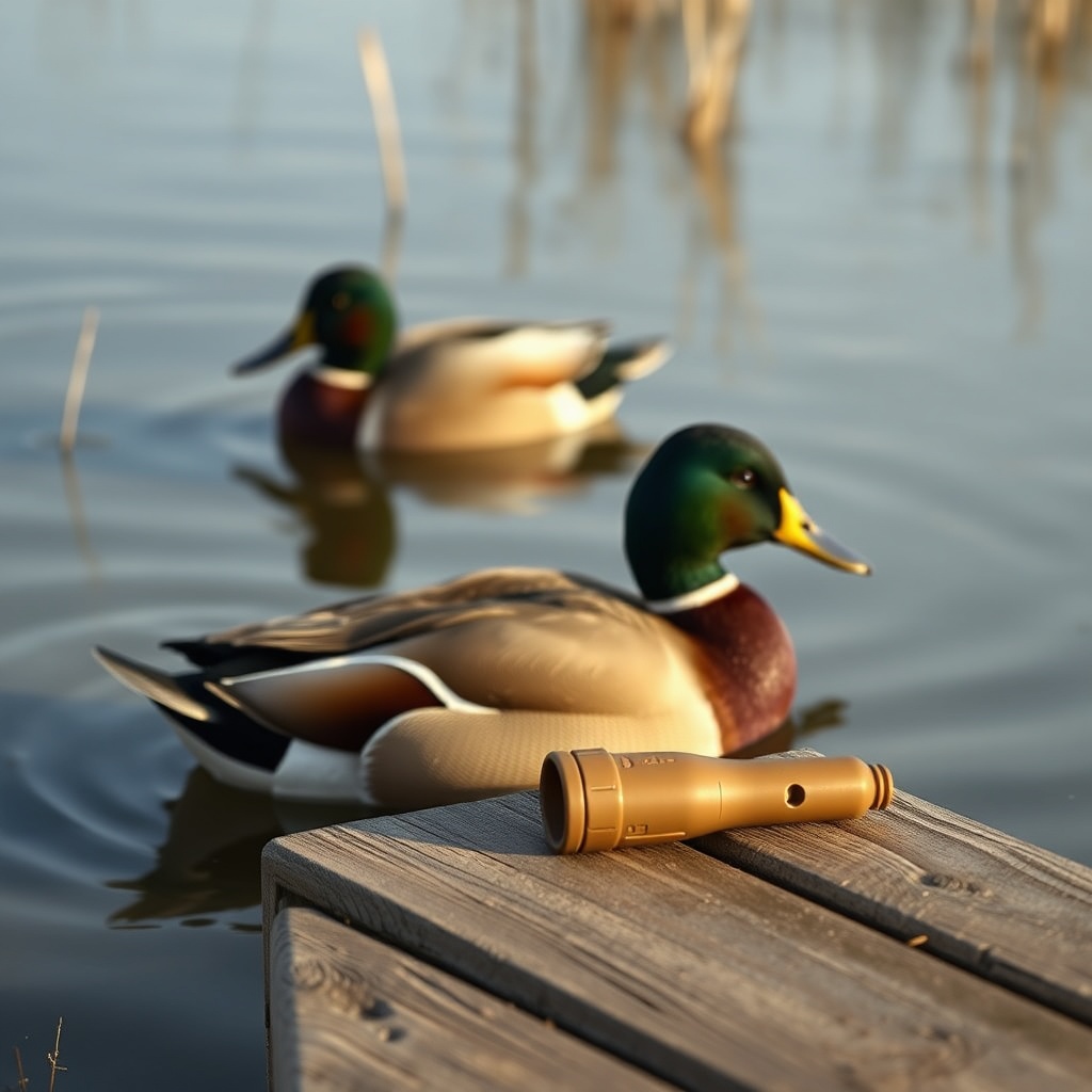A clean photorealistic photo of two teal decoys in a shallow marsh with a Wildfowl Geek Ad