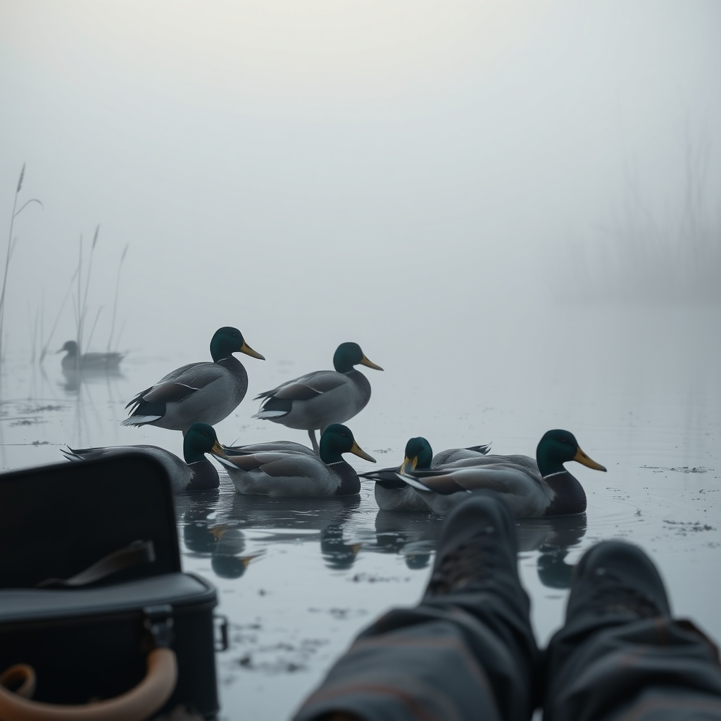 A photorealistic 16:9 shot of a misty marsh at dawn
