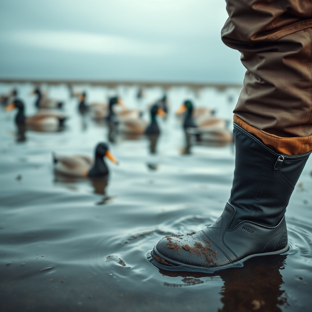 A photorealistic close-up of a hunter's legs