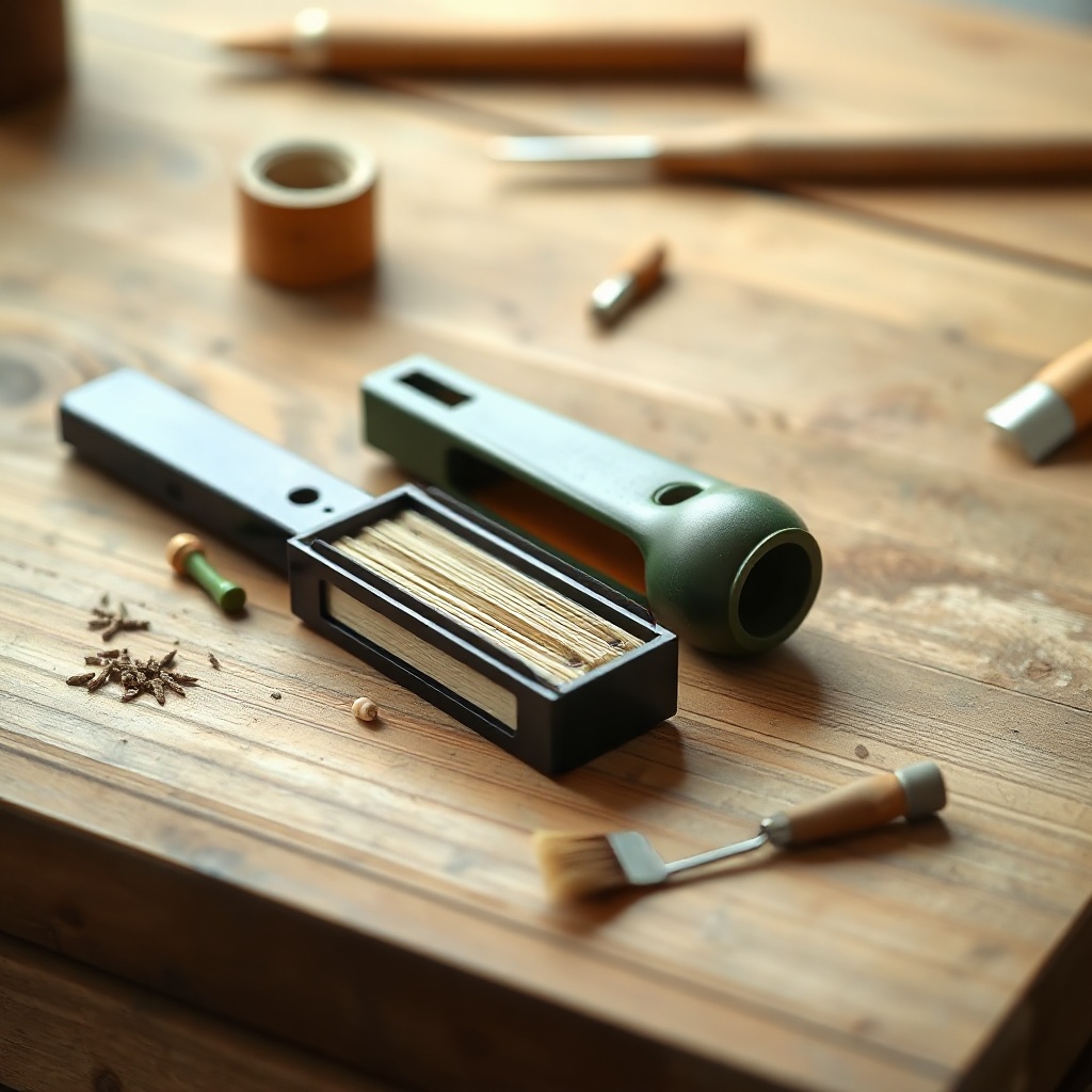 <clean photorealistic photo of a Wildfowl Geek Advance Teal Whistle disassembled on a wood